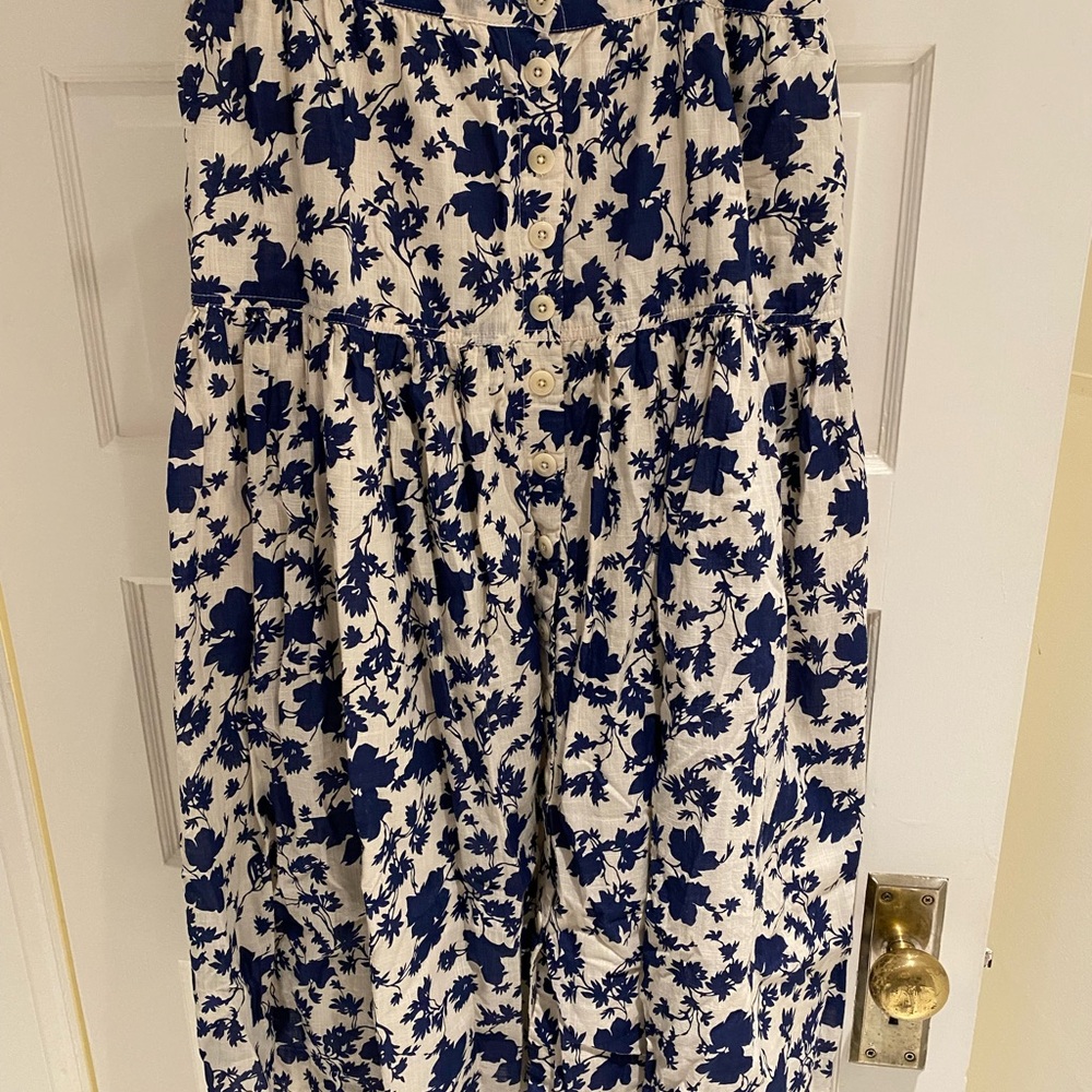 THE GREAT. Blue and White Midi Skirt